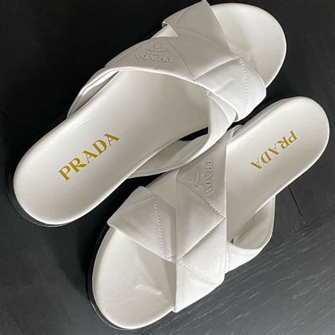 logo cross strap slide sandal prada|Prada leather sandals.